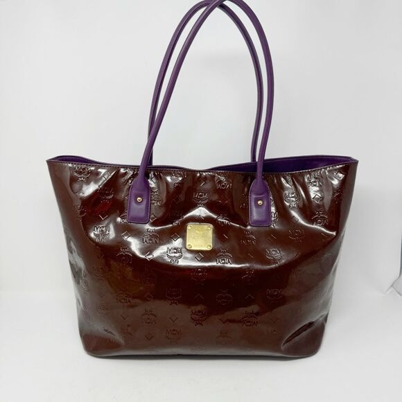 MCM | Visetos Patent Leather Tote Bag Burgundy Purple Purse Authentic - Picture 1 of 16